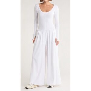 Free People Wide-Leg Long Sleeve Jumpsuit Brown Cotton Zip Stretch Athleisure